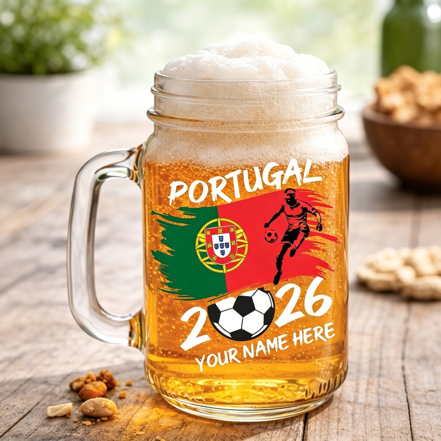 Portugal World Cup 2026 Mason Jar Mug Personalized with Name, Soccer Beer Glass for Dad, Grandpa Birthday Gift