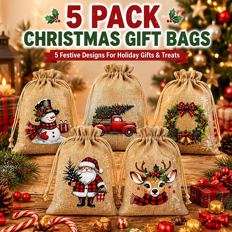 Drawstring Christmas Gift Bags – Festive Santa & Reindeer Designs, Double Drawstring & Durable Fabric – Christmas Joy in Every Gift