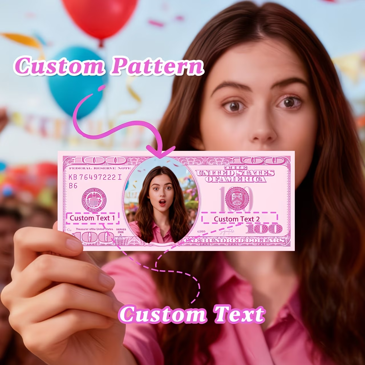 Custom Pink Faux $100 Bill Gift Tags Custom Patterns and Text Ideal for Parties