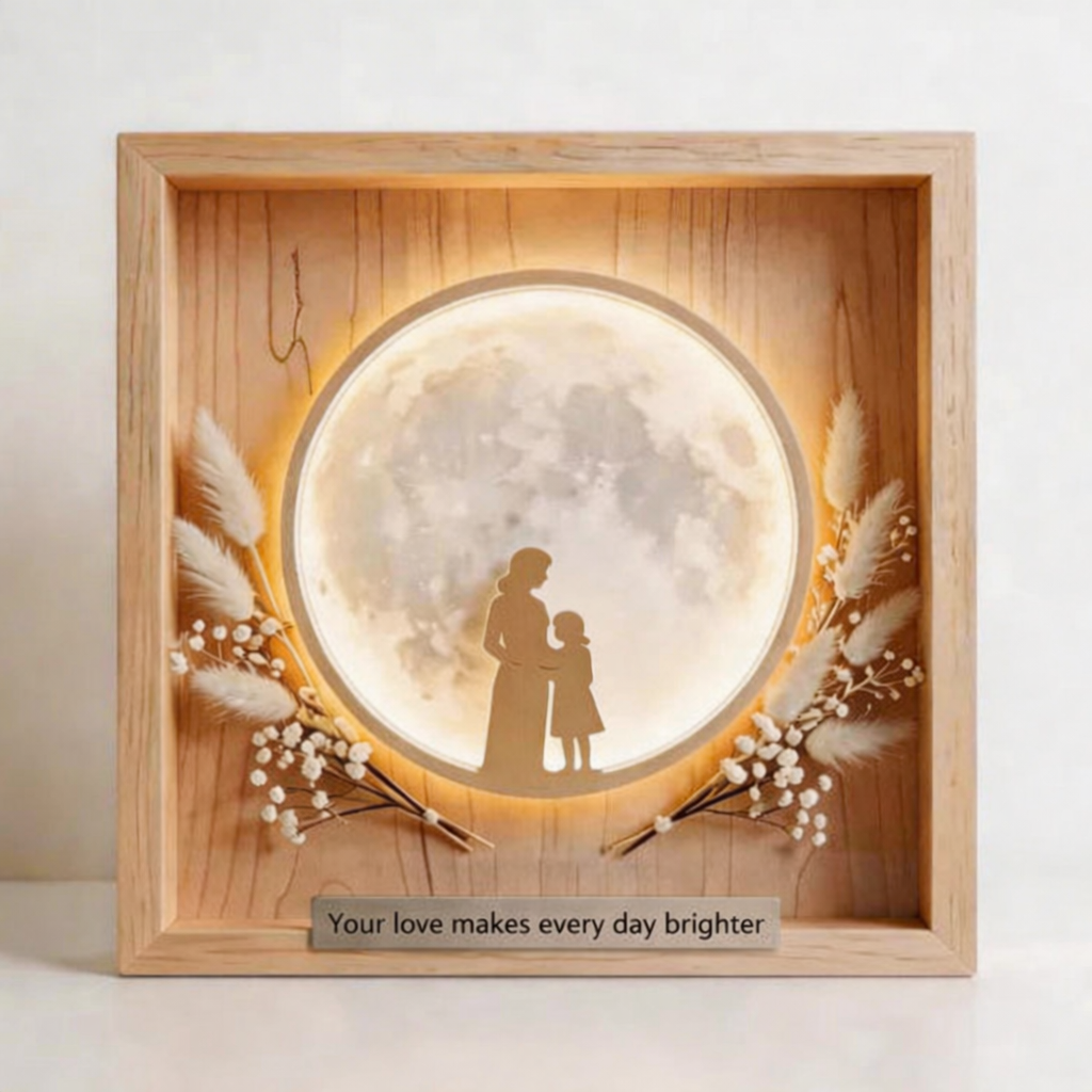 Custom Moon Phase Photo Frame with Silhouette – Personalized Night Light Shadow Box Gift for Mother’s Day or Family Keepsake