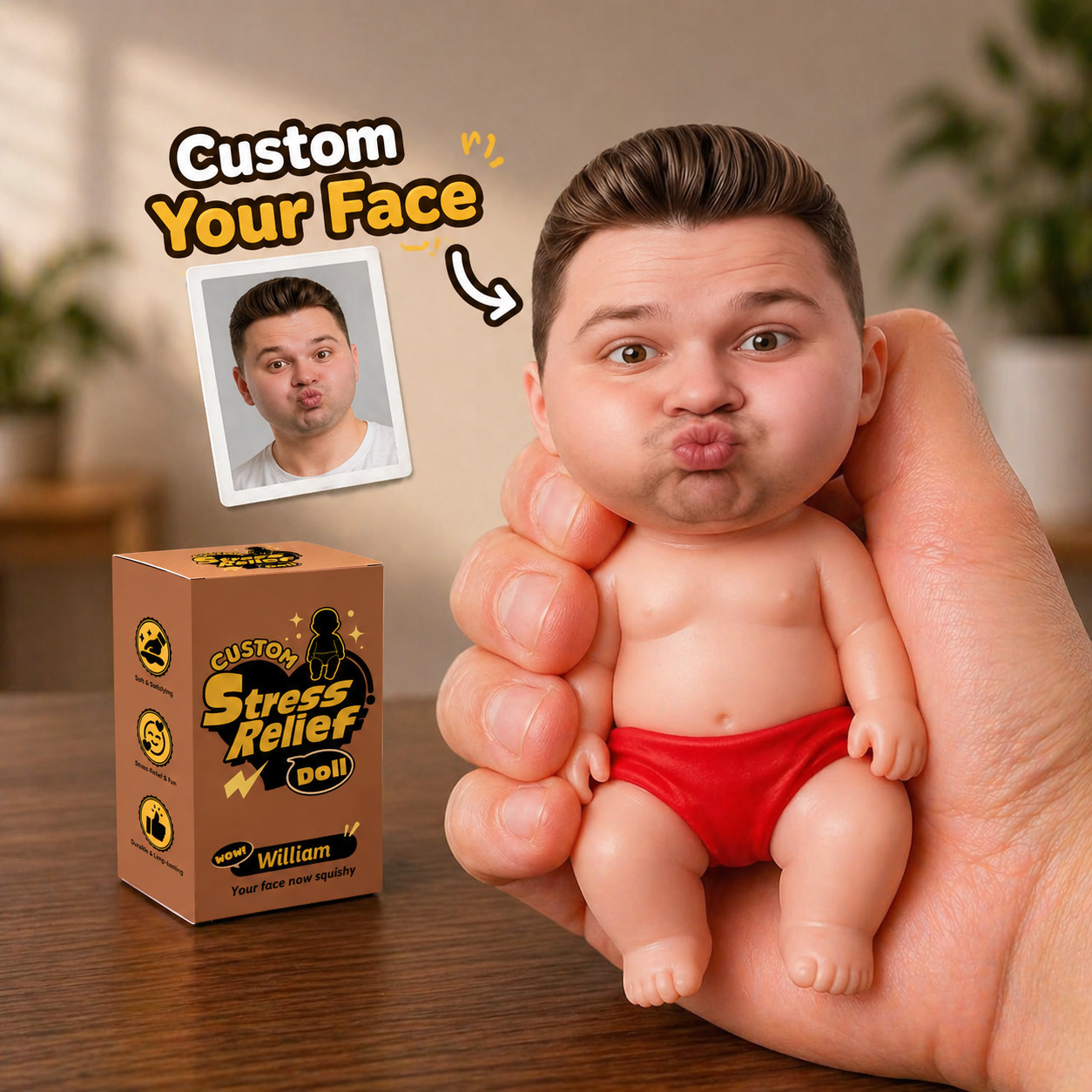 Custom Squishy Stress Relief Doll – Personalized Face Squeeze Toy, Soft TPR Sand Filled Fidget Toy, Funny Anxiety Relief Gift