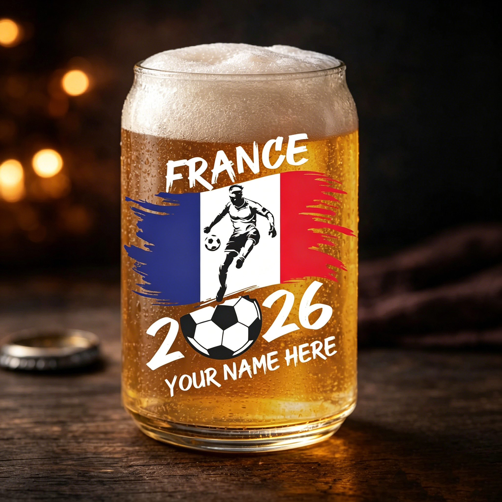 France Soccer Beer Mug Personalized Name | World Cup 2026 Glass | Custom Football Fan Gift for Him Dad Husband