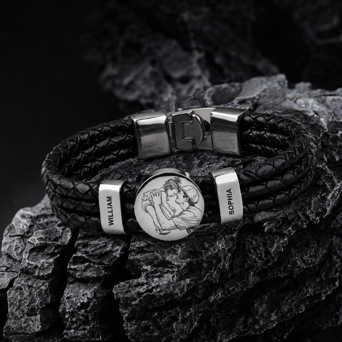Custom Photo Sketch Line Art Father's Day Gift For Dad, New Dad, Husband - Personalized Bracelet
