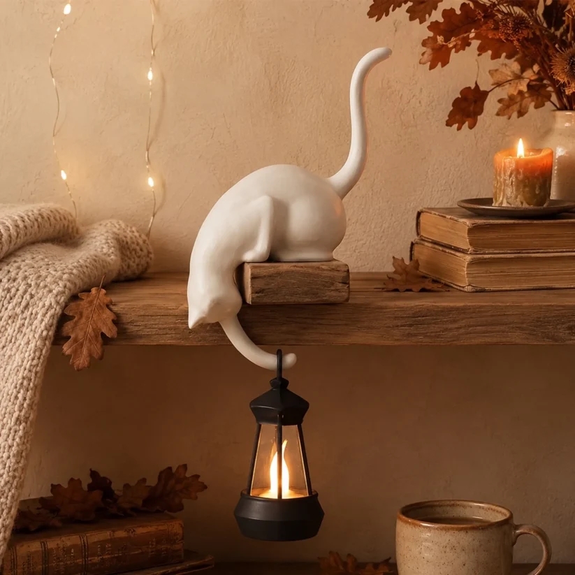 Cat Shelf Hook with Lantern, Cute Cat Figurine Key Holder, Cozy Night Light Decor, Cat Lover Gift, Home Shelf Ornament