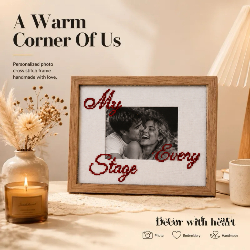 Custom Photo Cross Stitch Frame – Personalized Embroidery Picture Frame, DIY Handmade Keepsake Gift for Couples, Family & Loved Ones