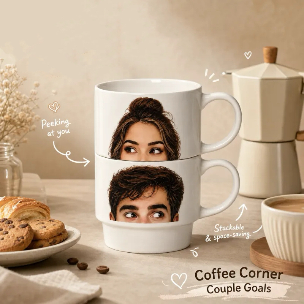 Personalized Couple Stacking Mugs – Custom Photo Ceramic Coffee Cups
