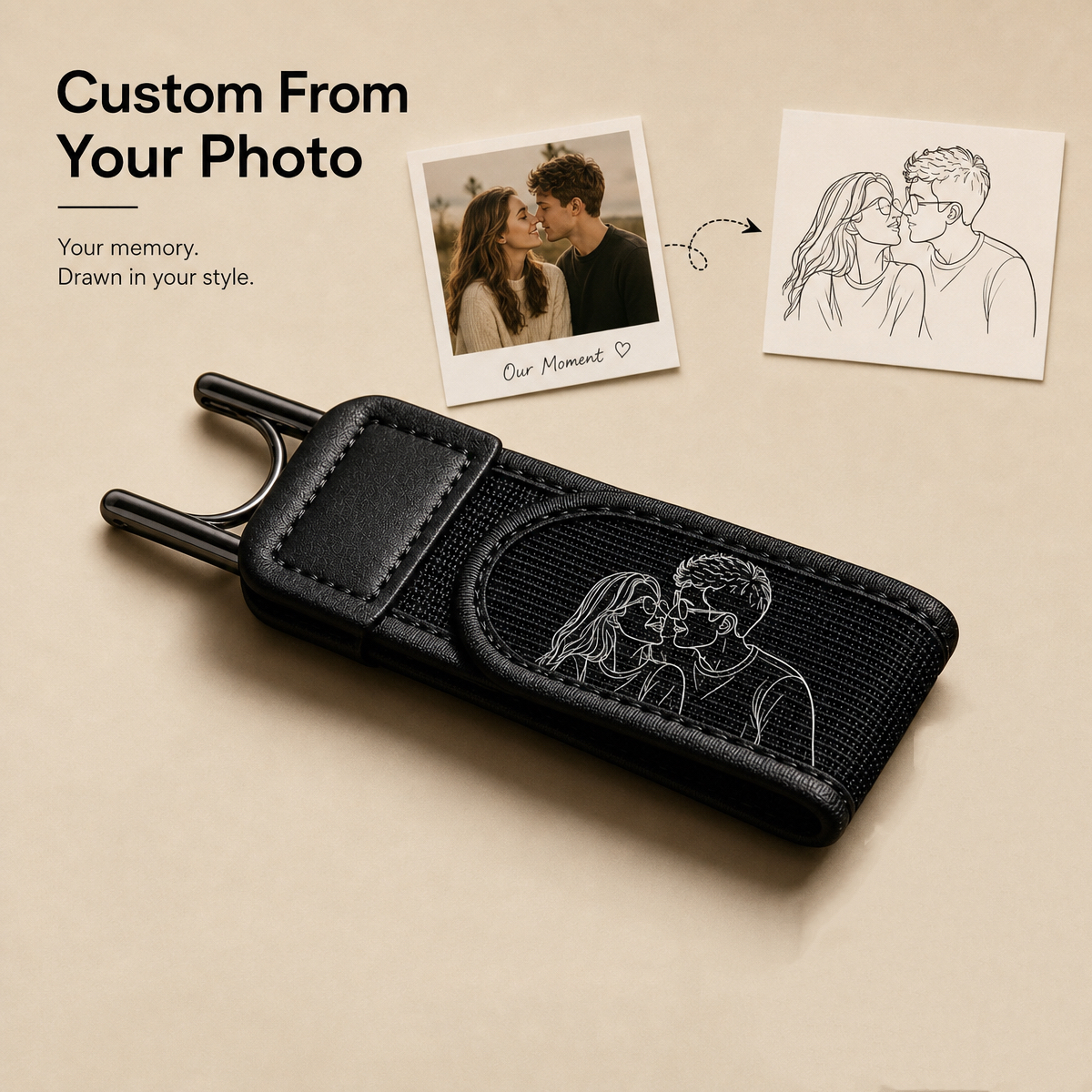 Custom Couple Portrait Metal Hook Elastic Belt Unisex Adjustable Buckle – Personalized Line Art Photo Adjustable Buckle  for Couples