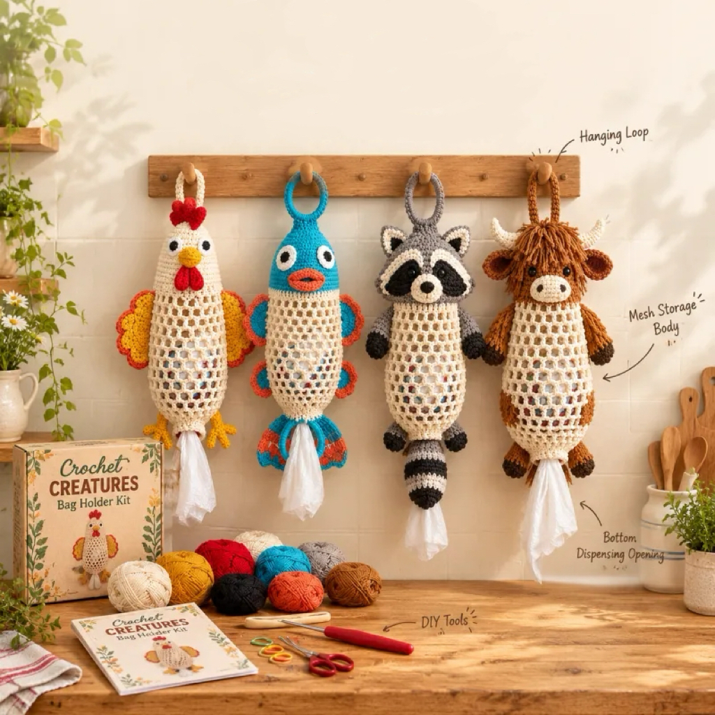 Crochet Animal Bag Holder DIY Kit – Cute & Functional Hanging Storage Craft Kit
