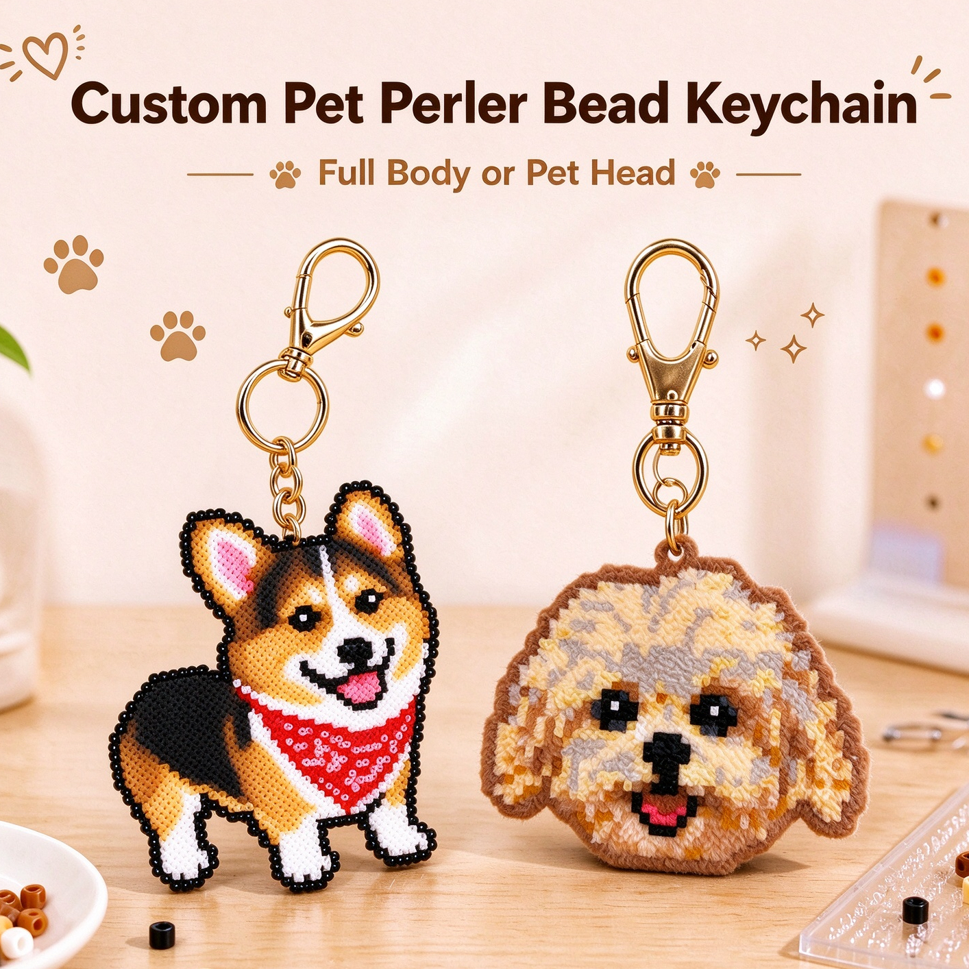 Custom Pet Perler Bead Keychain – Personalized Pixel Art Pet Portrait, Handmade Beaded Dog & Cat Bag Charm, Unique Gift for Pet Lovers