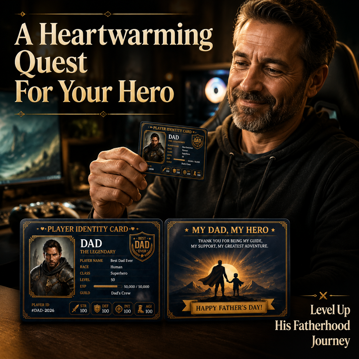 Custom Dad Player Identity Card – Personalized Father’s Day Gaming Card Gift for Dad Legendary Hero Keepsake