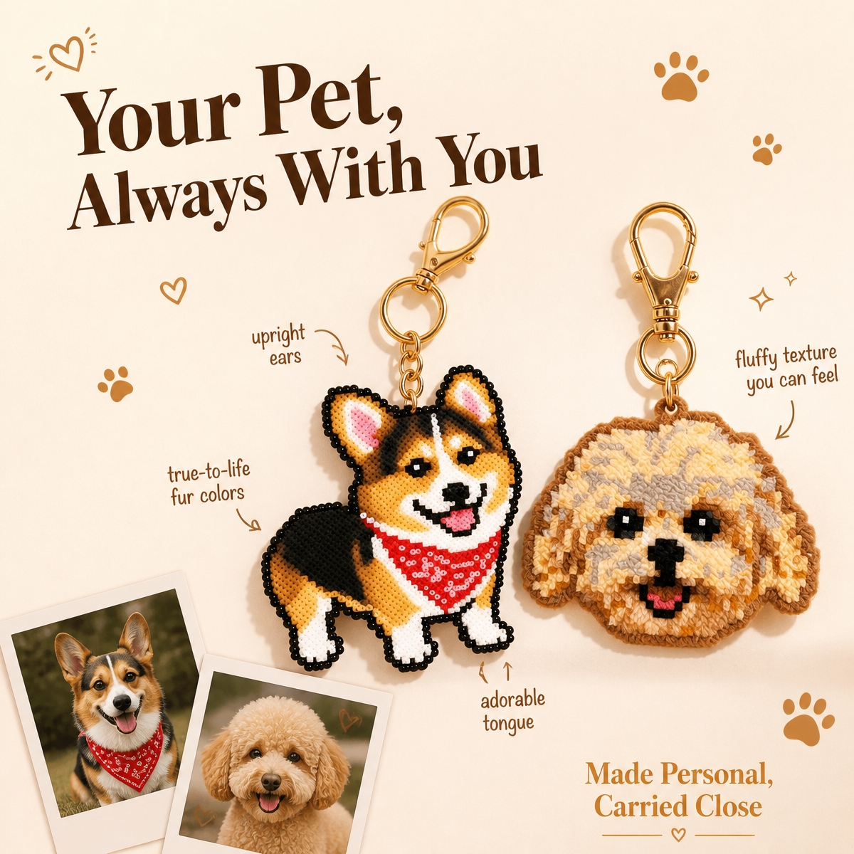 Custom Pet Perler Bead Keychain – Personalized Pixel Art Pet Portrait, Handmade Beaded Dog & Cat Bag Charm, Unique Gift for Pet Lovers