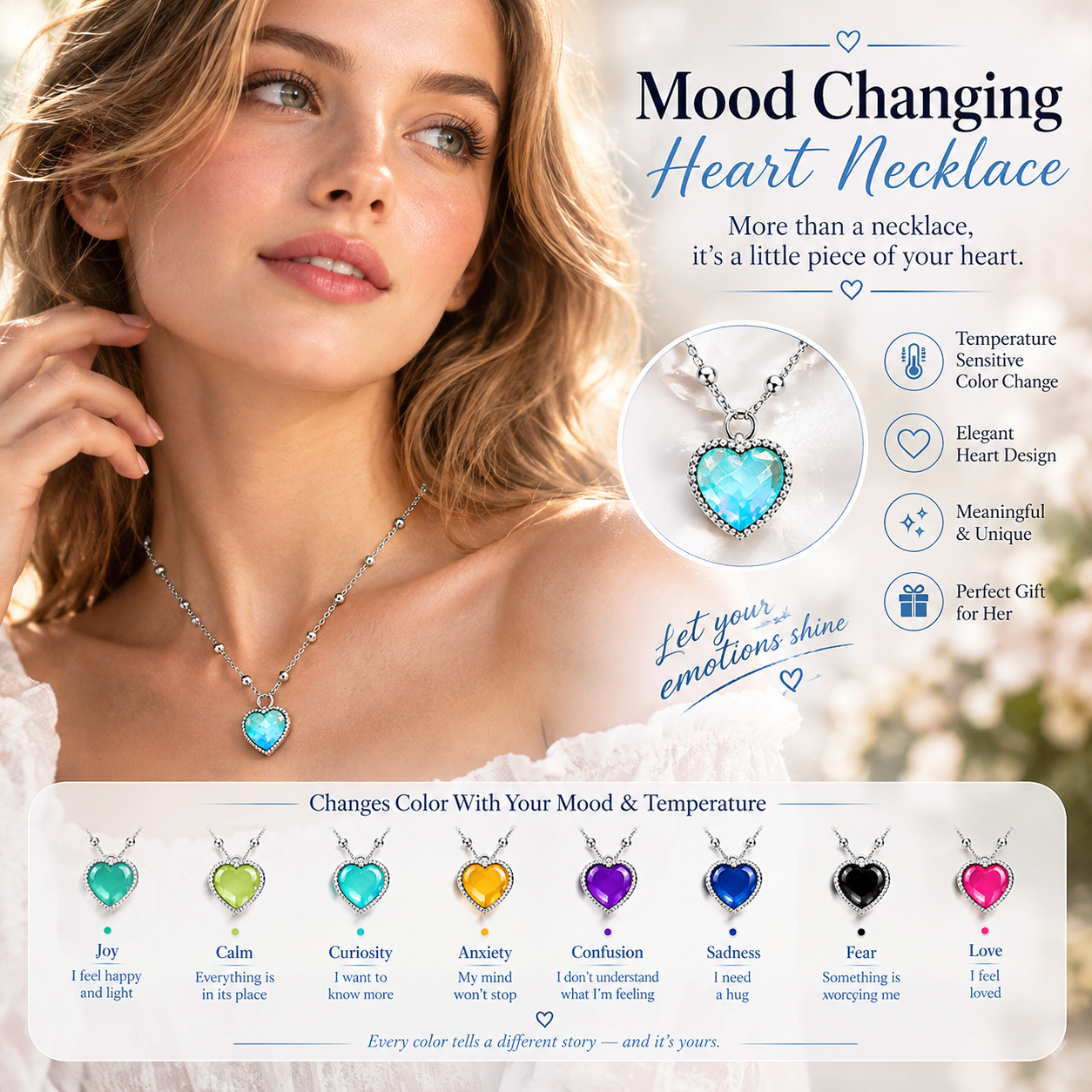 Mood Changing Heart Pendant Necklace Bracelet – Color-Changing Emotion Jewelry Gift for Her