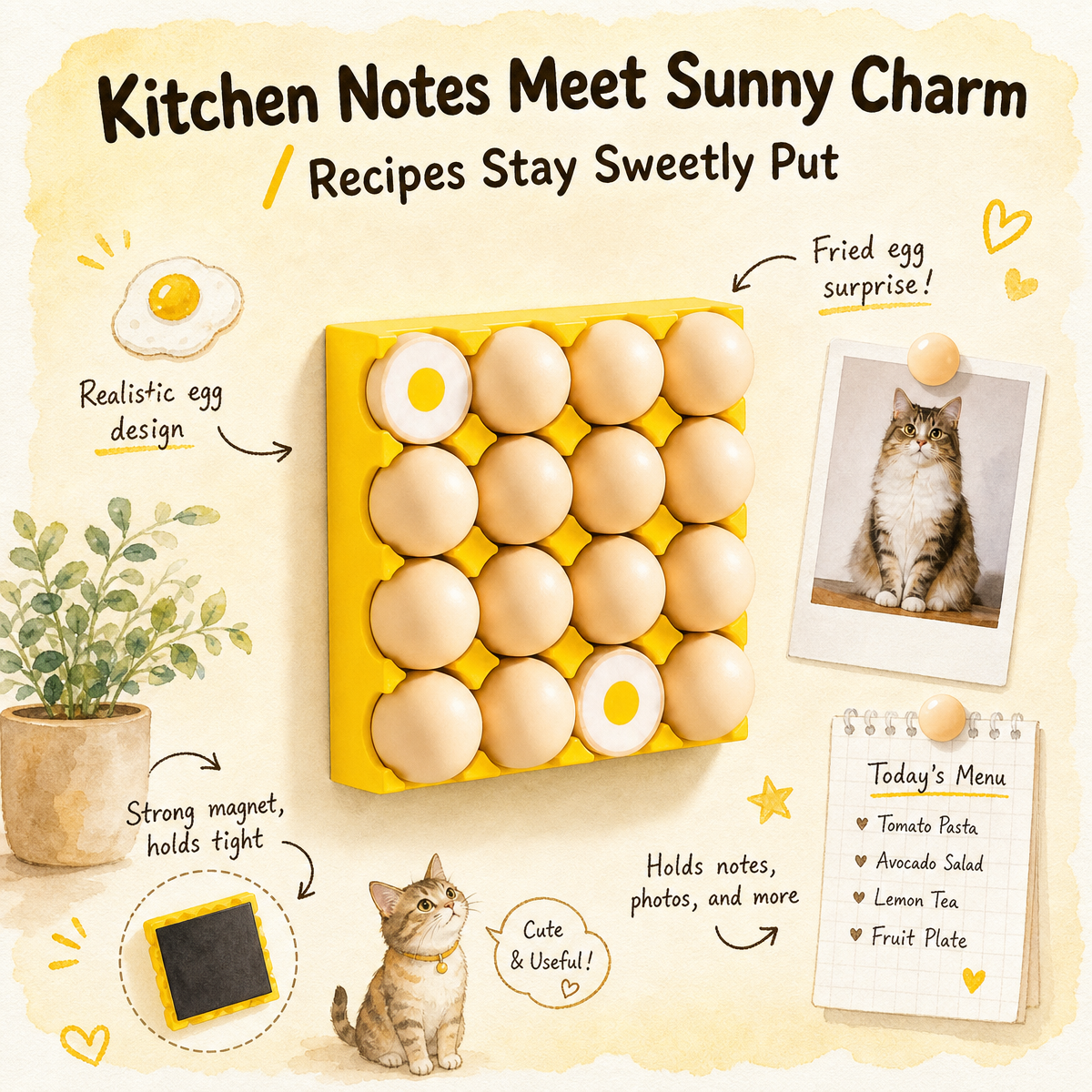 Miniature Egg Carton Fridge Magnets Set | Cute Fake Food Photo Holder | 16 Resin Eggs with Yolk