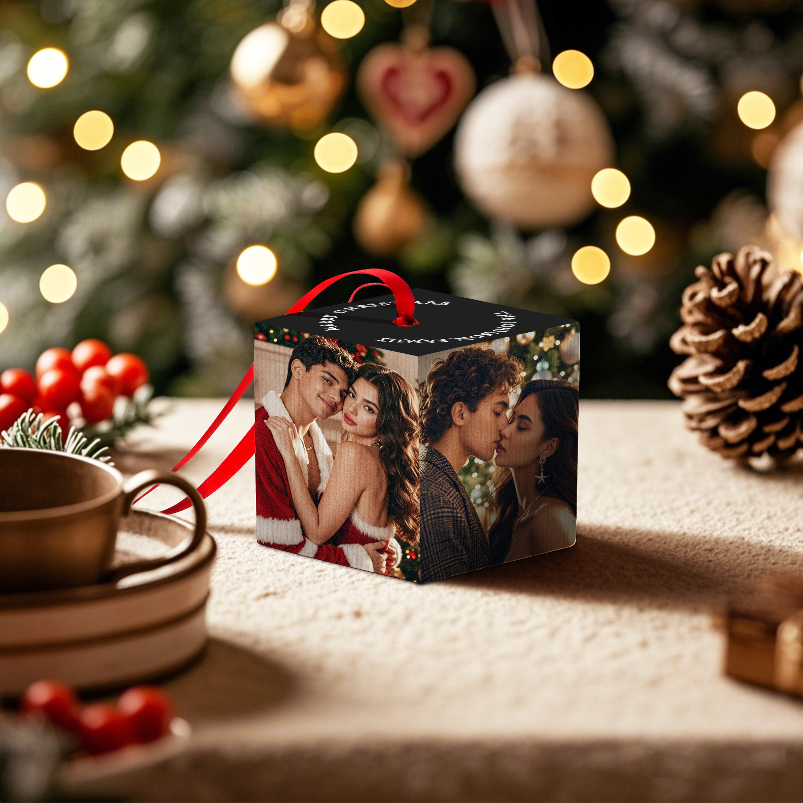Merry Christmas Family Photo Cube Red Cube Ornament Personalized Simple 4 Photos Red Cube Ornament