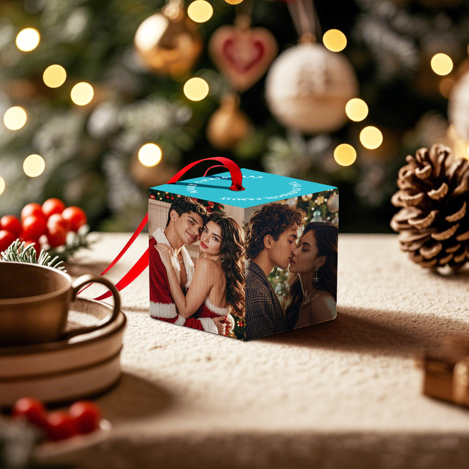 Merry Christmas Family Photo Cube Red Cube Ornament Personalized Simple 4 Photos Red Cube Ornament