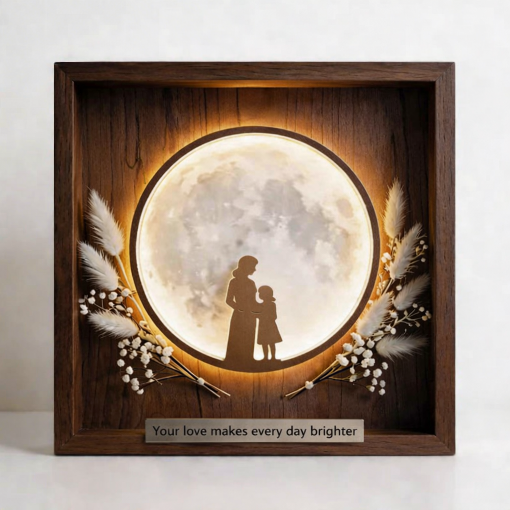 Custom Moon Phase Photo Frame with Silhouette – Personalized Night Light Shadow Box Gift for Mother’s Day or Family Keepsake