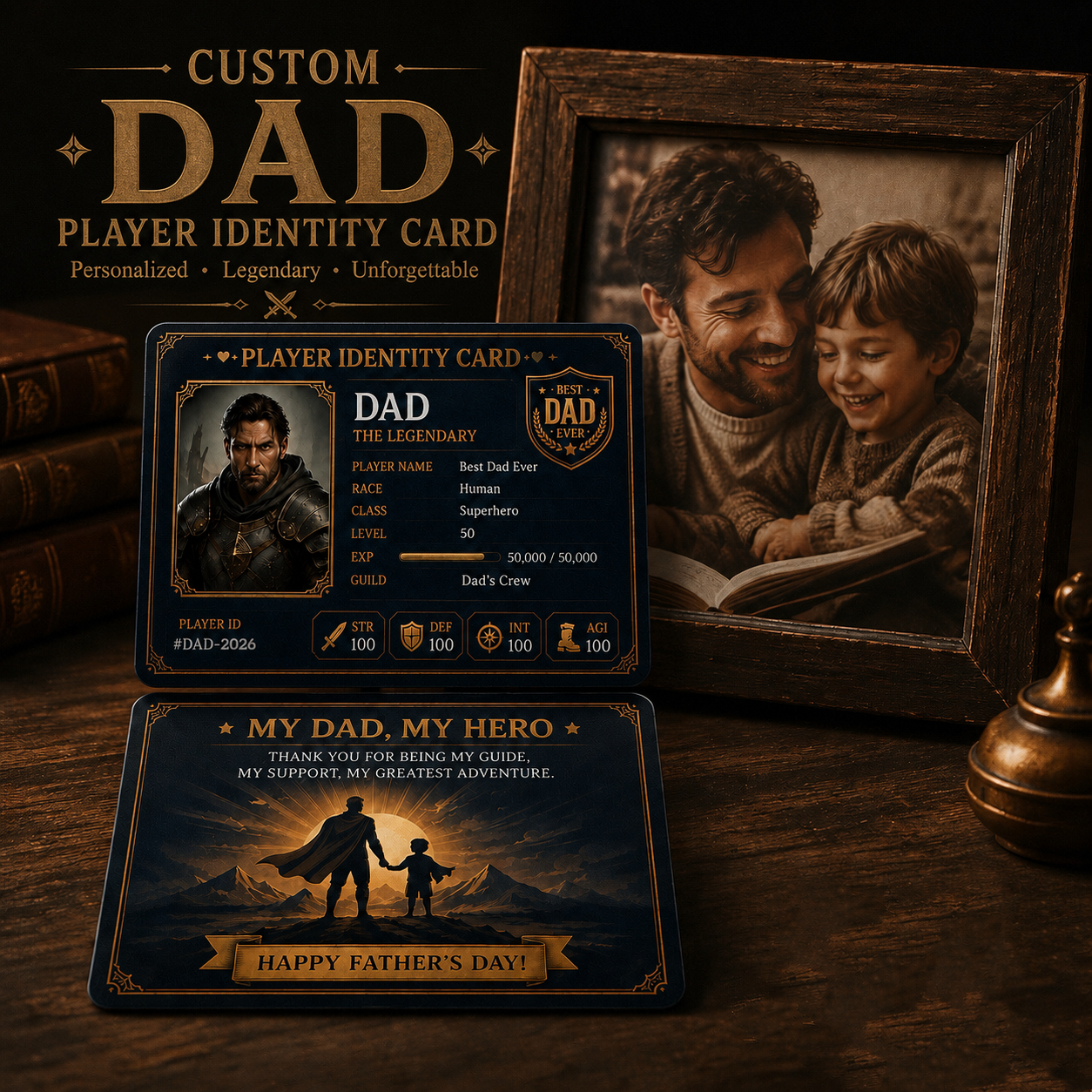 Custom Dad Player Identity Card – Personalized Father’s Day Gaming Card Gift for Dad Legendary Hero Keepsake