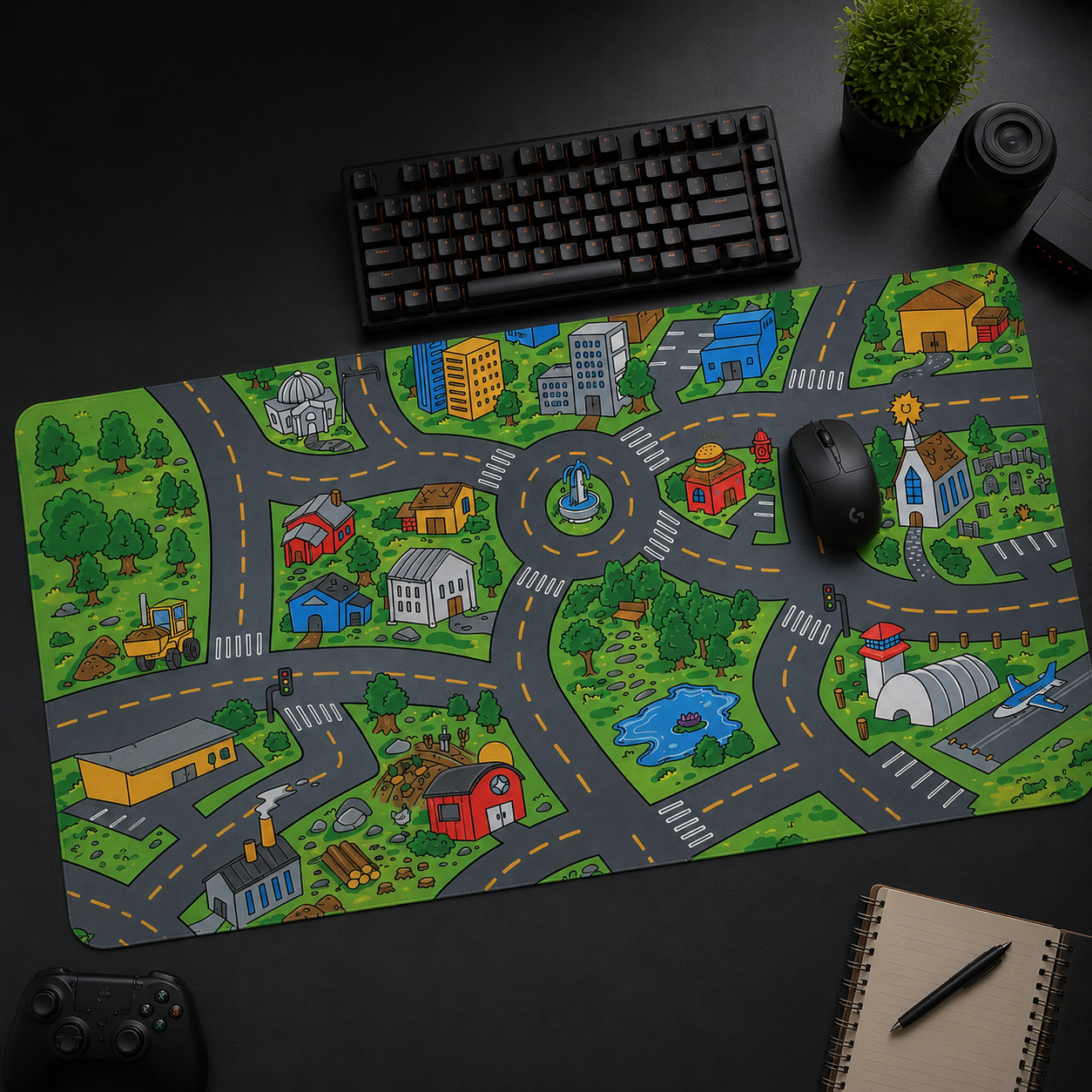 City Road Map Mouse Pad Childhood Nostalgia Cartoon Town Desk Mat, Gaming Mousepad, Keyboard Mat, Office Decor
