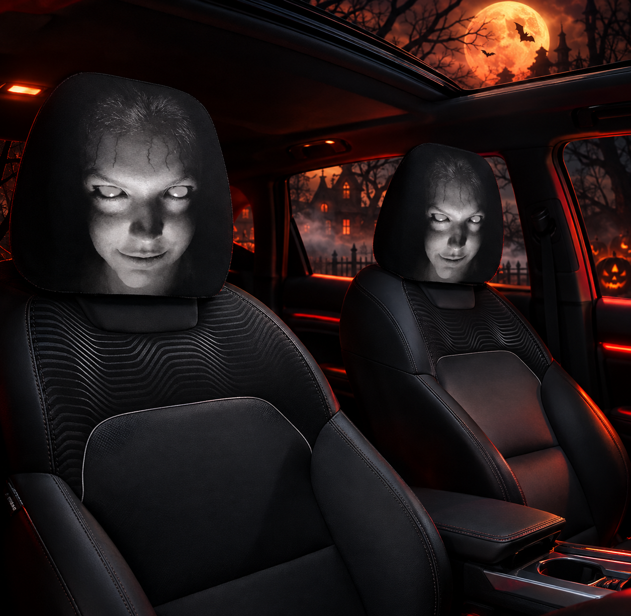 Horror Scary Face Car Headrest Covers, Universal Stretch Auto Seat Head Rest Protectors, Washable Vehicle Interior Decoration Accessories