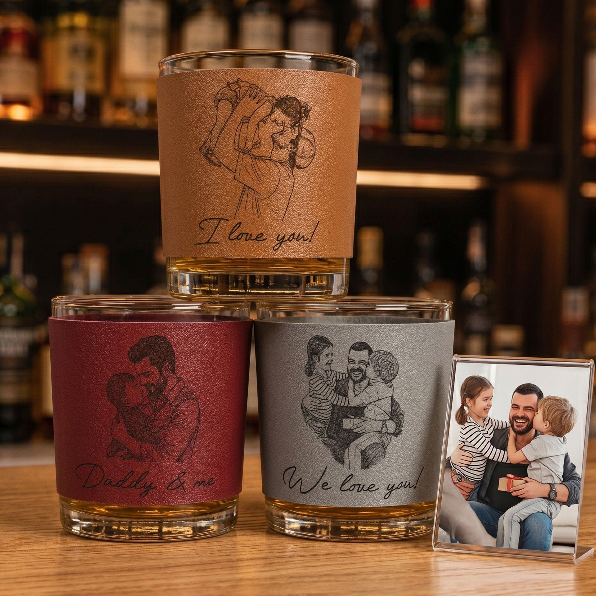 Custom Photo Sketch Line Art Whiskey Glass Father's Day Gift For  Dad