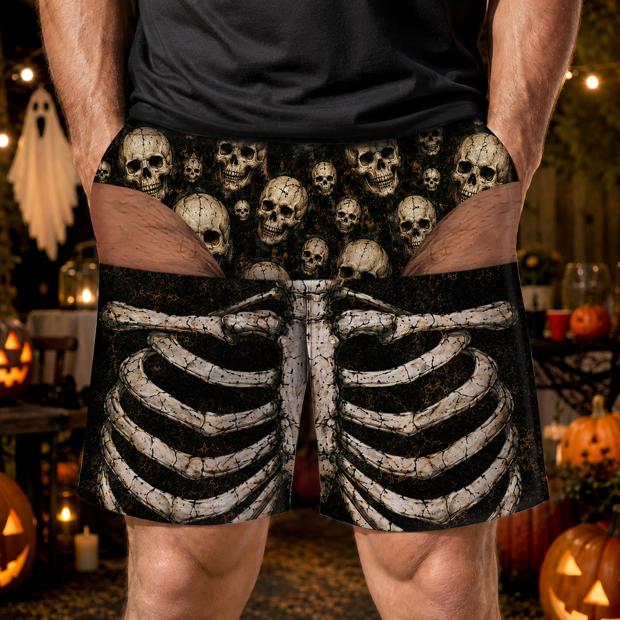 Custom Funny Men Swim Trunks, Skeleton Rib Cage Board Shorts, Halloween Swimwear, Cheeky Beach Shorts, Spooky Gift for Him