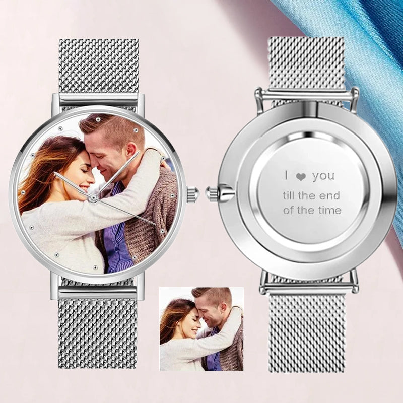 Gift for Men Unisex Engraved Sliver Photo Watch