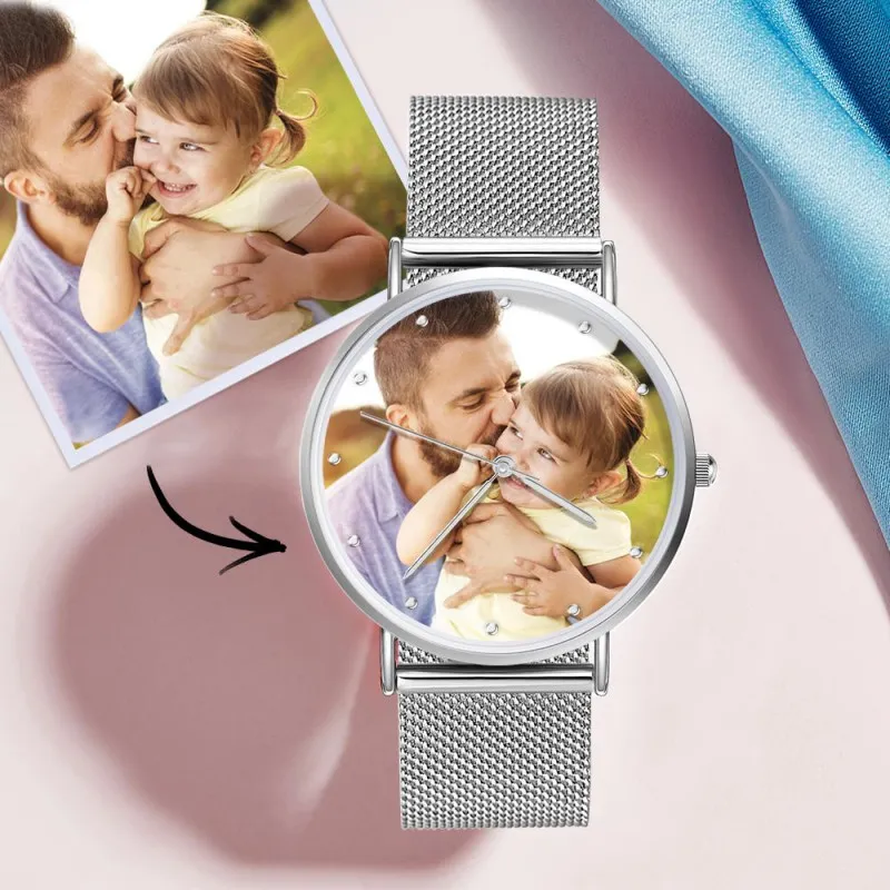 Gift for Men Unisex Engraved Sliver Photo Watch