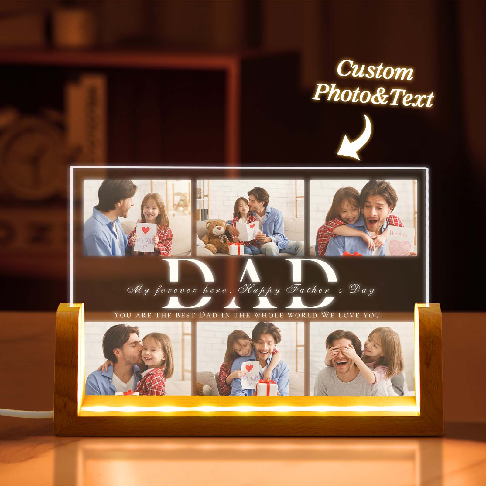 Personalized Fathers Day Gifts for Dad, Customized Acrylic Plaque Night Light Printed with Photos Dad Birthday Gift from Daughter Son, Best Dad Ever Gifts