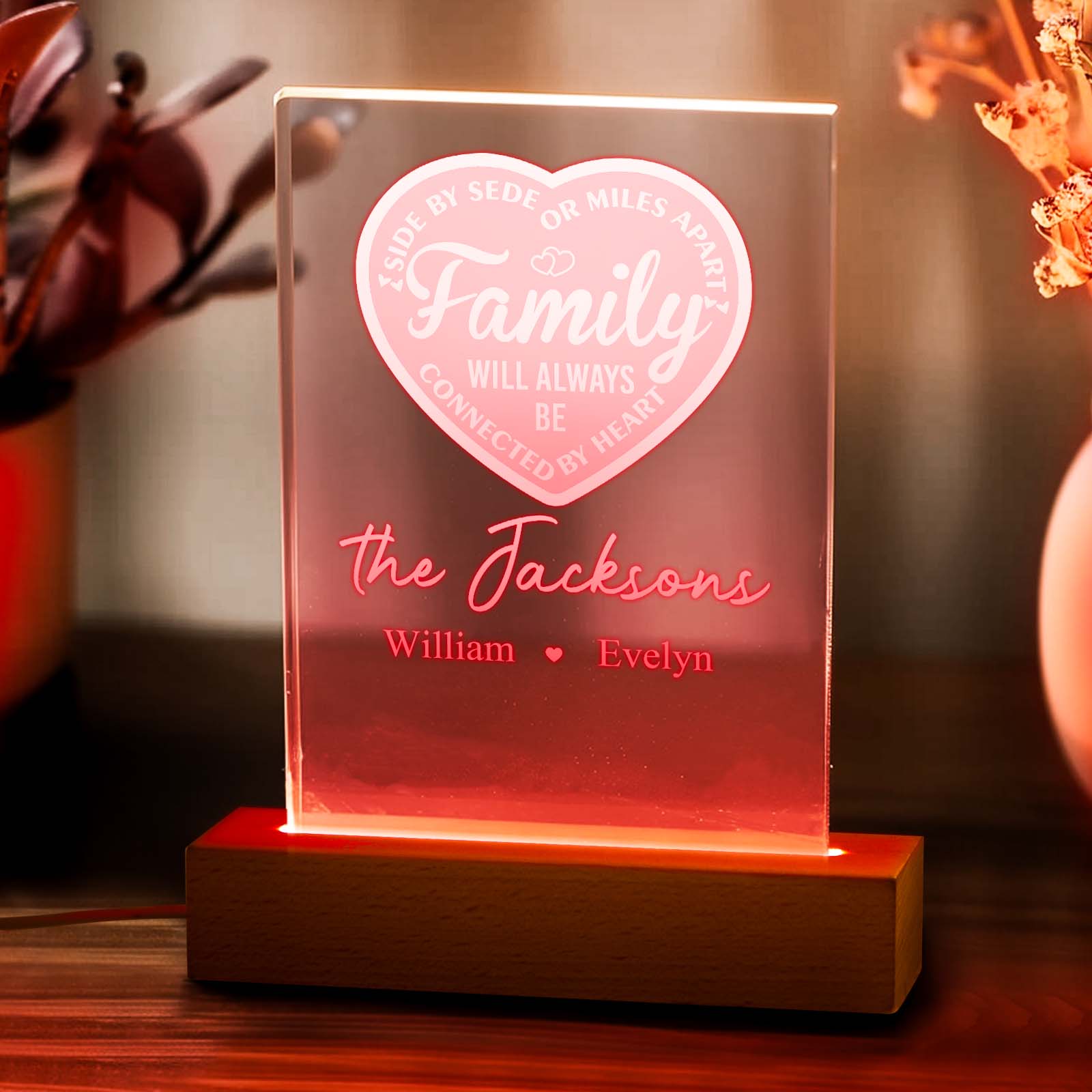 Personalized Family Will Always Be Connected By Heart LED Night Light with 1-5 Names and Wooden Base Housewarming Farewell Gift for Family