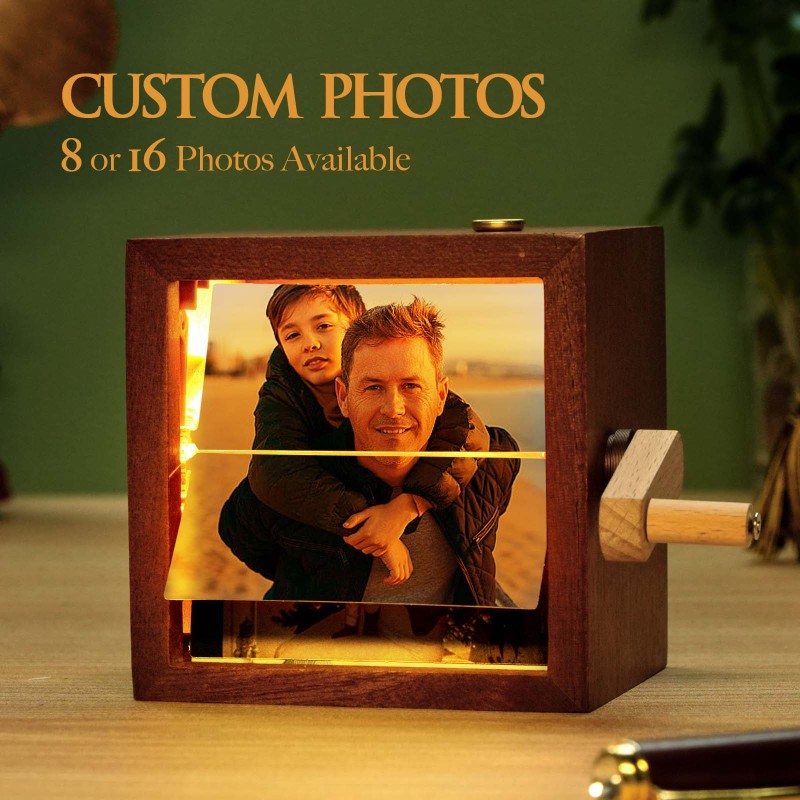 Father's Day Gifts Custom Music Hand-Crank Flipbook Box Photo Album with Light Black Walnut Baby Photo Cube Frame - 