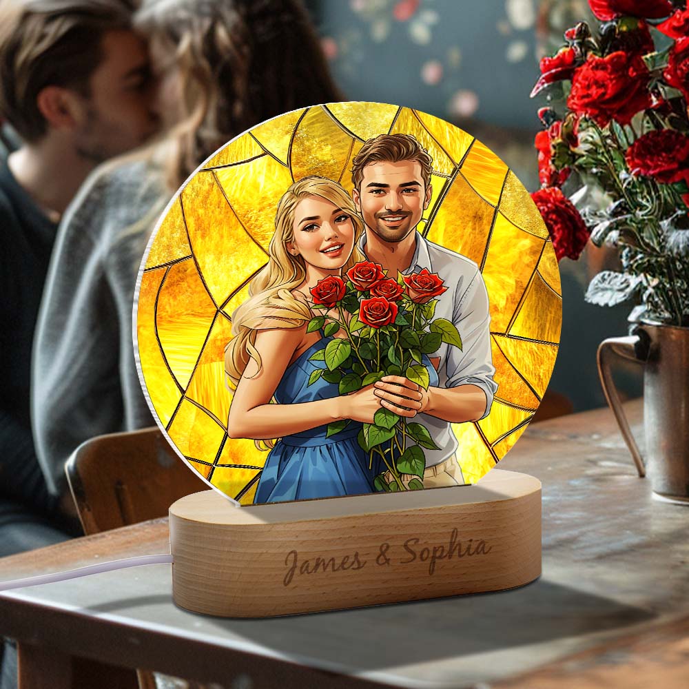 Personalised Couple Photo Art Night Light With Wooden Base, Wedding Anniversary 3D Lamp Gift, Valentine's Day Gift For Girlfriend/ Boyfriend