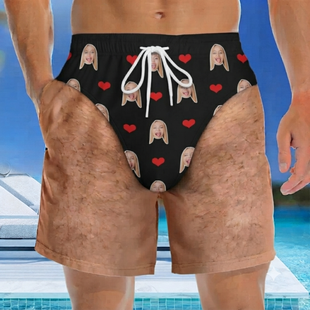 Custom Photo Men’s Swim Trunks - Personalized Face Print Beach Shorts, Funny Patriotic Summer Vacation Swimwear - namenecklace