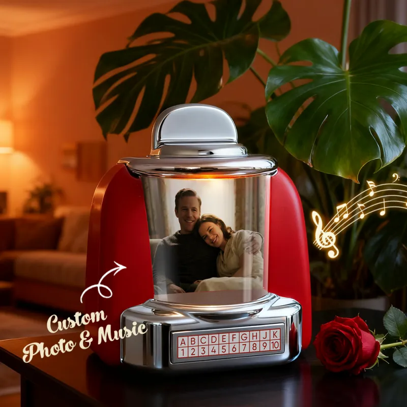 Custom Jukebox Retro Speaker – Personalized Photo,Names & Date Music Mini Player with Radio | Vintage Tabletop Home Decor Nostalgic Gift