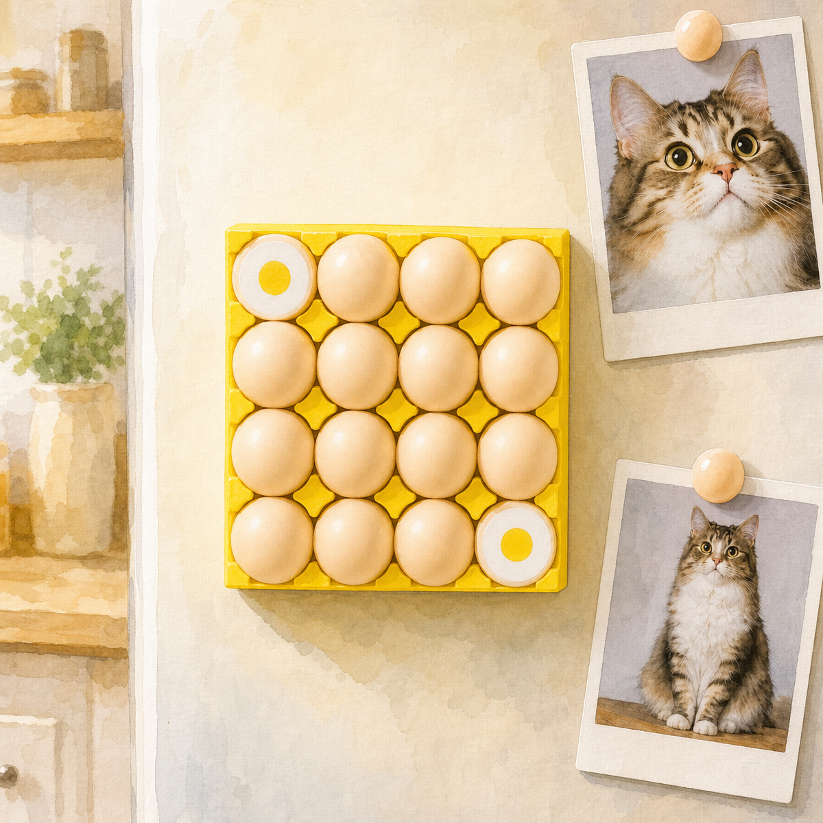 Miniature Egg Carton Fridge Magnets Set | Cute Fake Food Photo Holder | 16 Resin Eggs with Yolk
