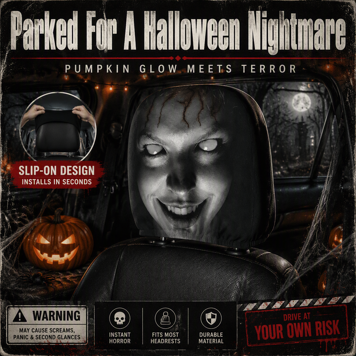Horror Scary Face Car Headrest Covers, Universal Stretch Auto Seat Head Rest Protectors, Washable Vehicle Interior Decoration Accessories