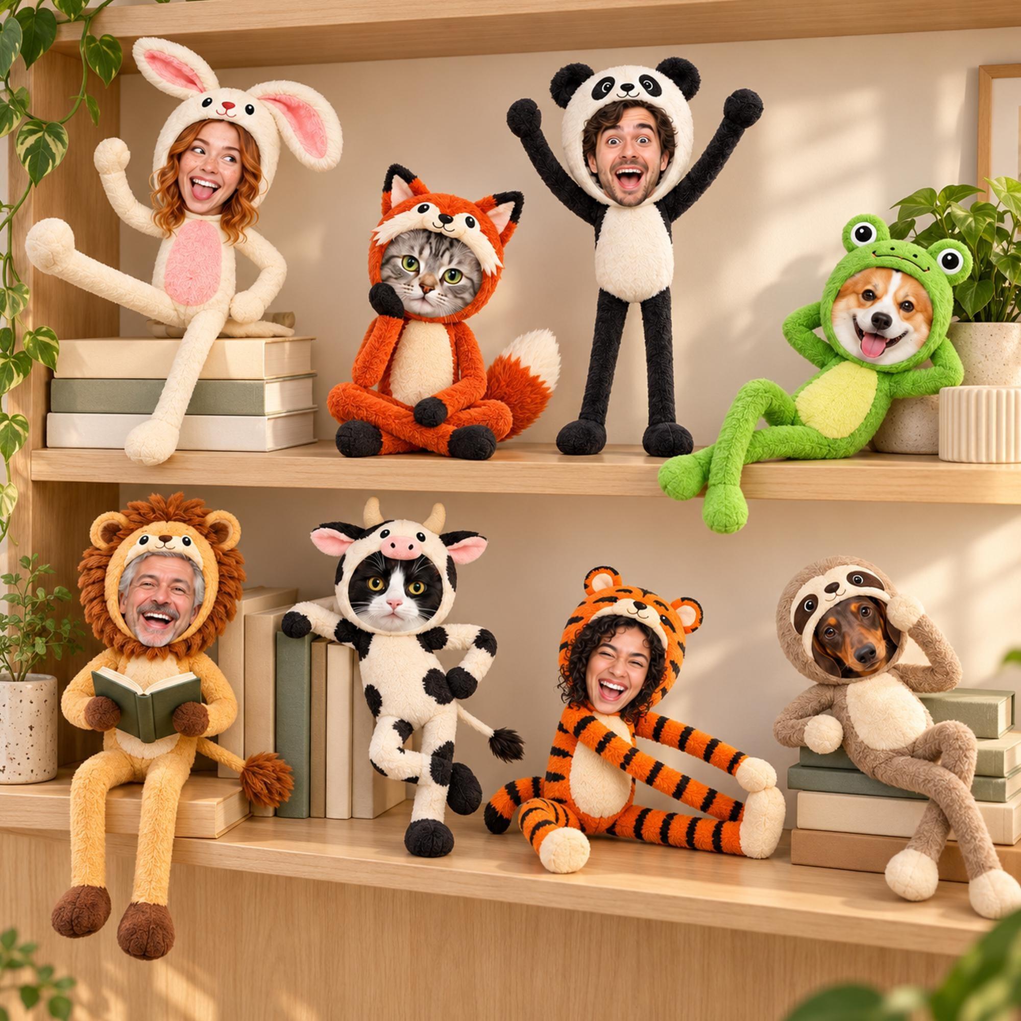 Custom Photo Poseable Plush Doll, Personalized Pet or Human Face, Funny Animal Costume Doll, Gag Gift for Friend