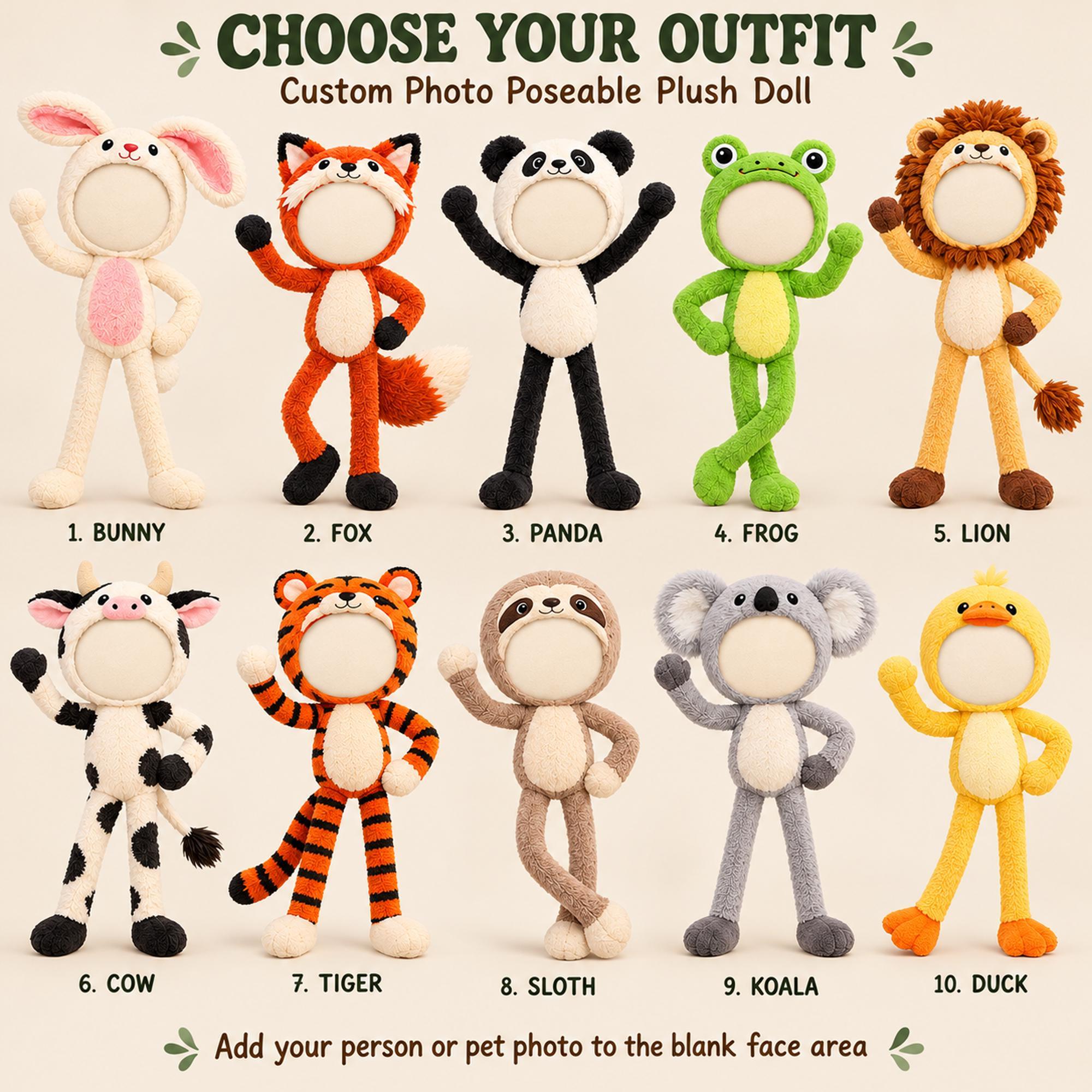 Custom Photo Poseable Plush Doll, Personalized Pet or Human Face, Funny Animal Costume Doll, Gag Gift for Friend