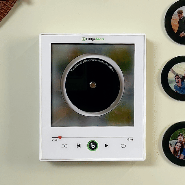 Personalized Photo & Music Vinyl Fridge Magnet with Rotating Record– Custom Records with Dynamic LED Light Fridgebeats V6.0