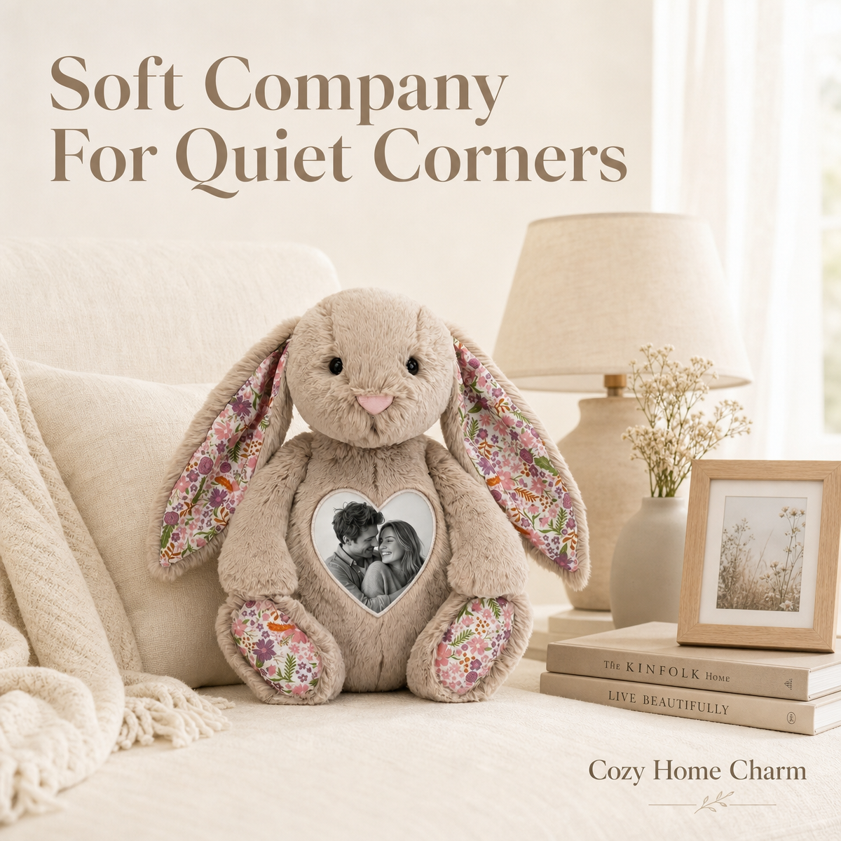 Custom Photo Heart Bunny Plush – Personalized Couple Picture Stuffed Rabbit Gift