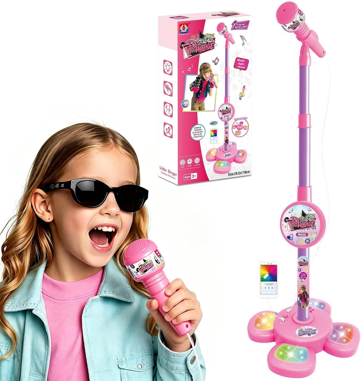 Karaoke Machine for Kids Singing Microphone for Kids Adjustable Stand Stage Lights & Pedals
