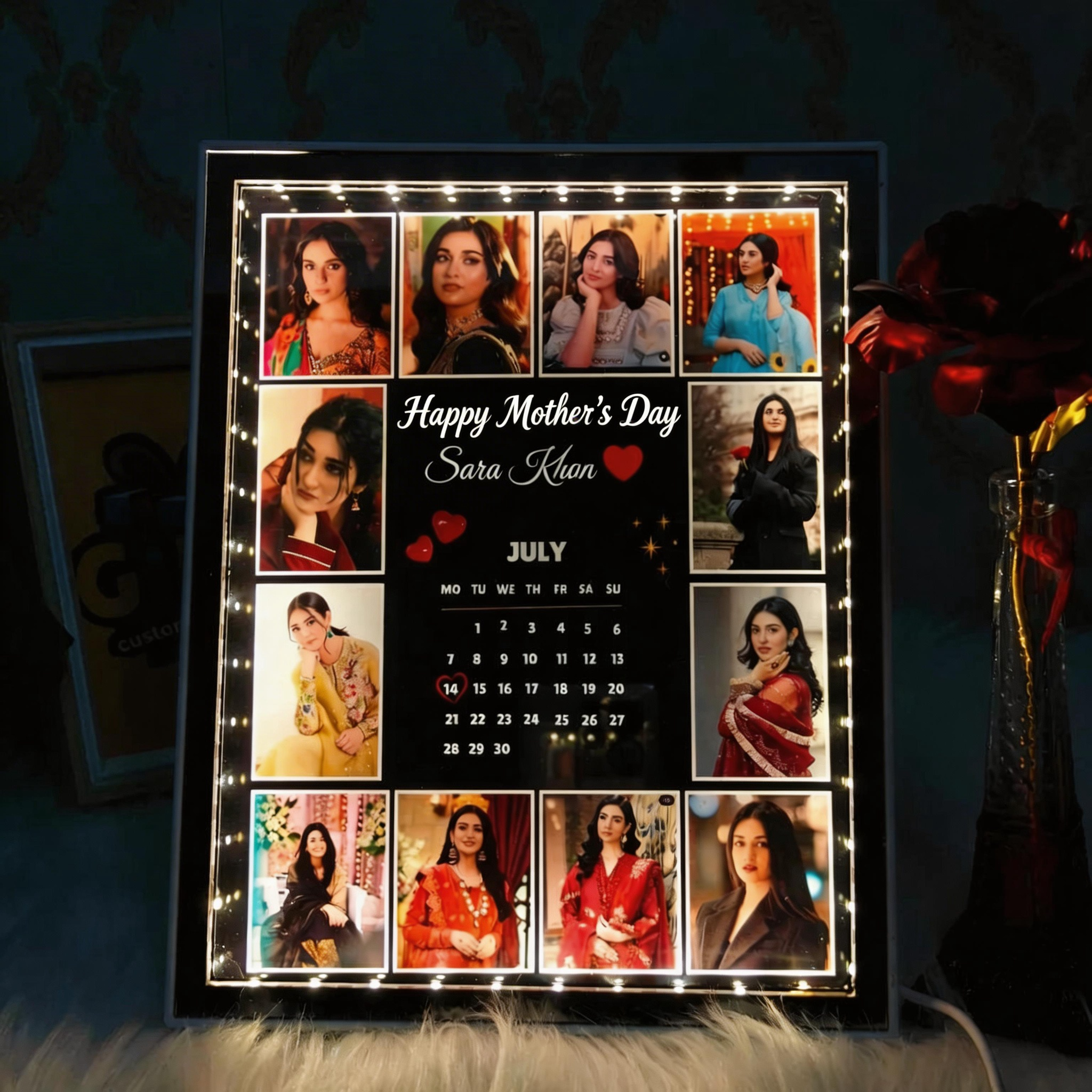 Custom Photo Magic Mirror Frame Personalized LED Photo Frame with Calendar – Custom Mother’s Day Light-Up Memory Display Gift