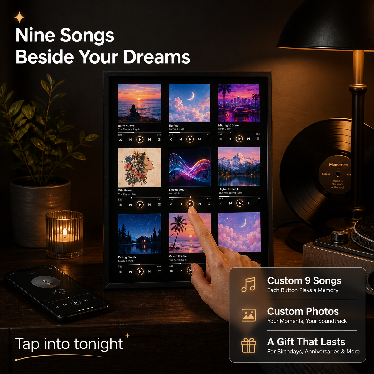 Custom Album Art & Interactive Music Frame Gift 9 Personalized Songs with Custom Artwork Display