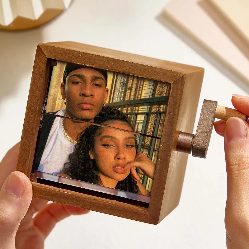 Custom Flip Book Frame Animation Machine Mechanical Hand-cranked Photo Album with Light Black Walnut Photo Cube Frame Valentine's Day Gift