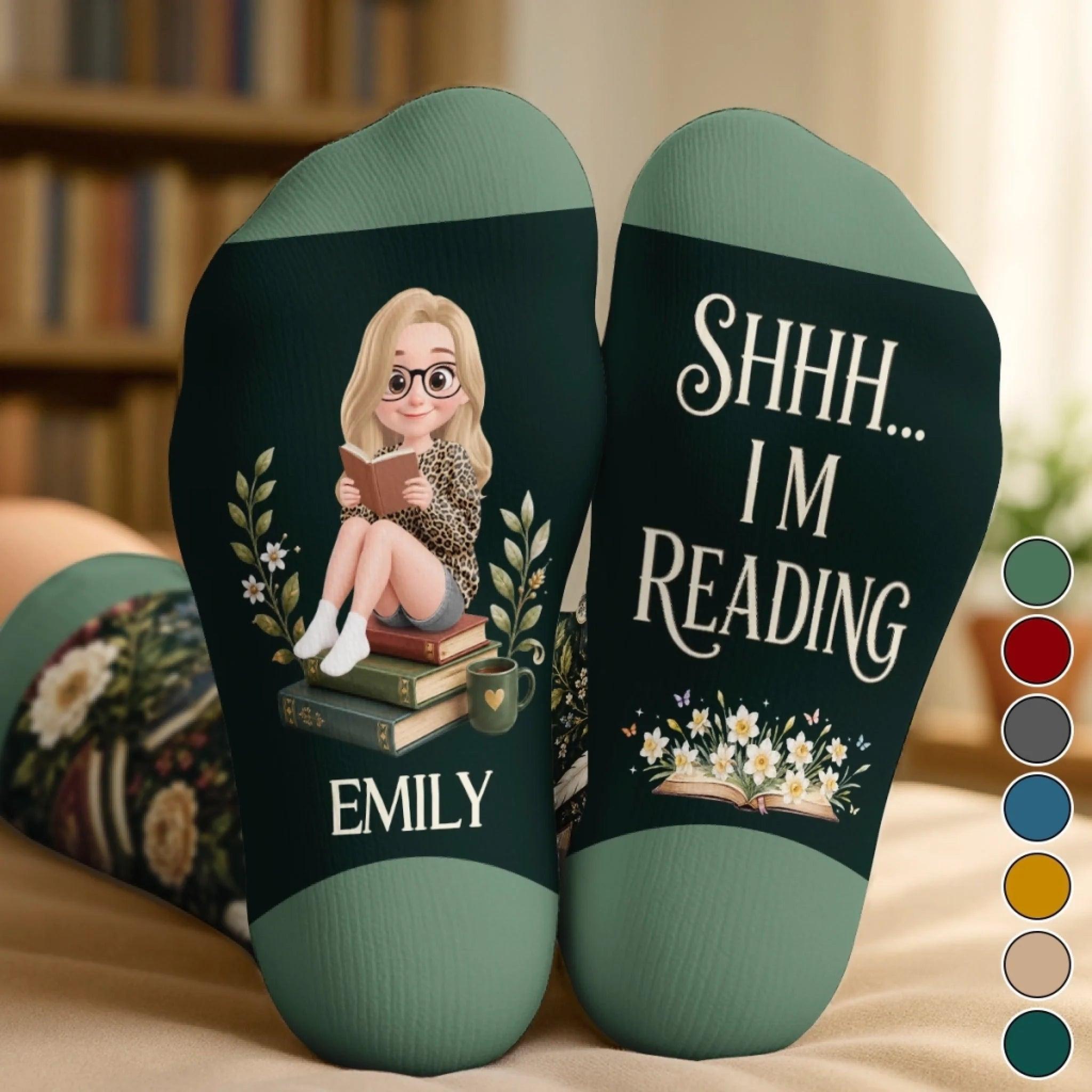 Custom Shh I'm Reading Crew Socks - Personalized Bookish Gifts For Book Lovers, Bookworms, Readers - Living In A Fictional World - MySpotifyGlassUK
