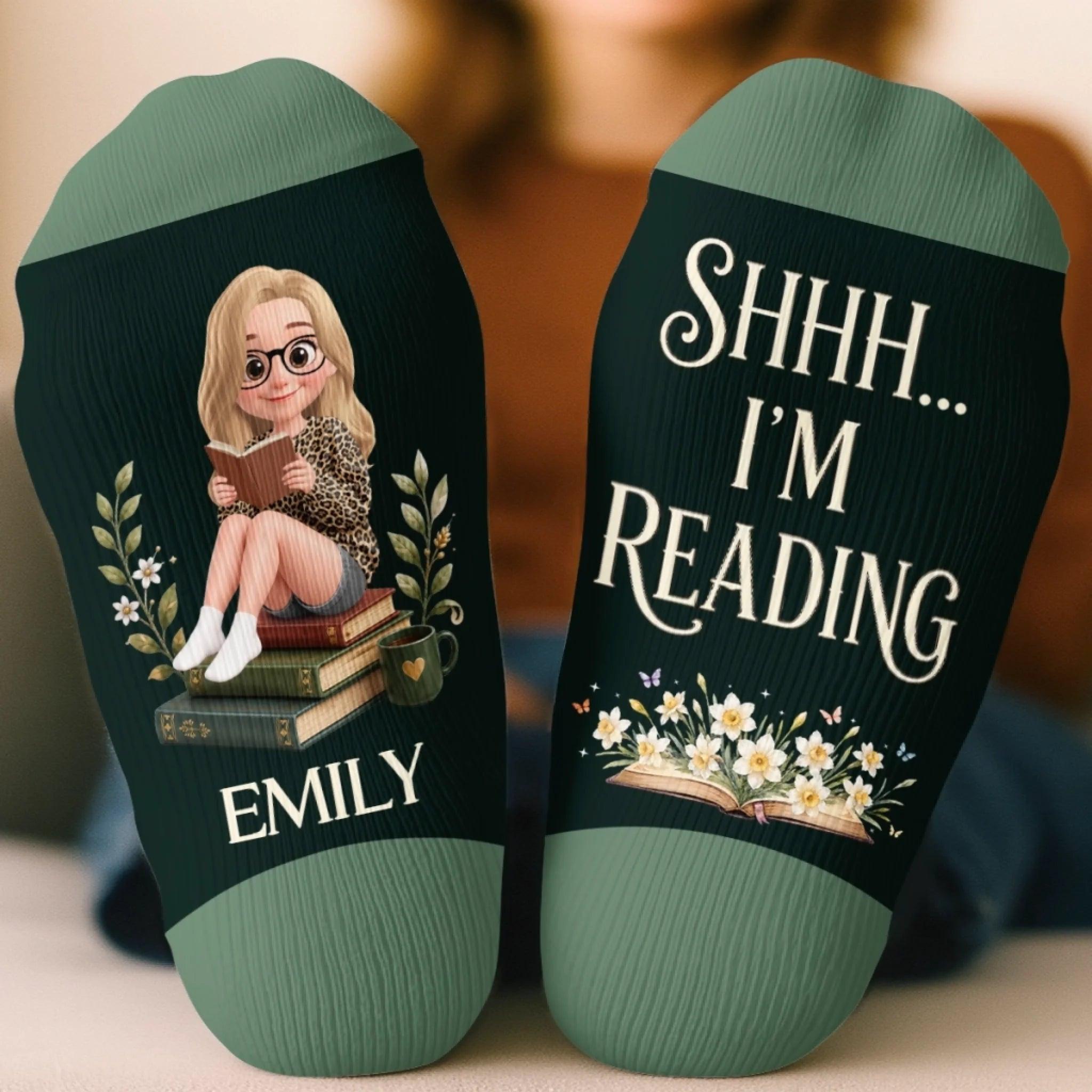 Custom Shh I'm Reading Crew Socks - Personalized Bookish Gifts For Book Lovers, Bookworms, Readers - Living In A Fictional World - MySpotifyGlassUK