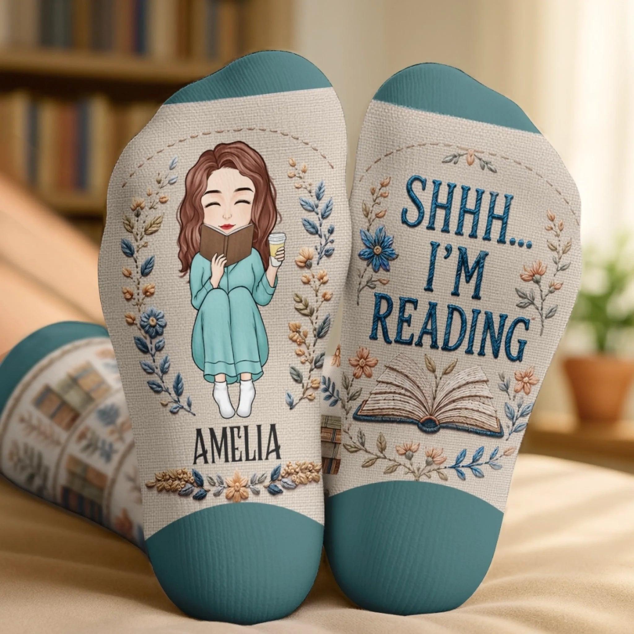 Custom Shh I'm Reading Crew Socks - Personalized Bookish Gifts For Book Lovers, Bookworms, Readers - Turn The Page In Total Peace - MySpotifyGlassUK