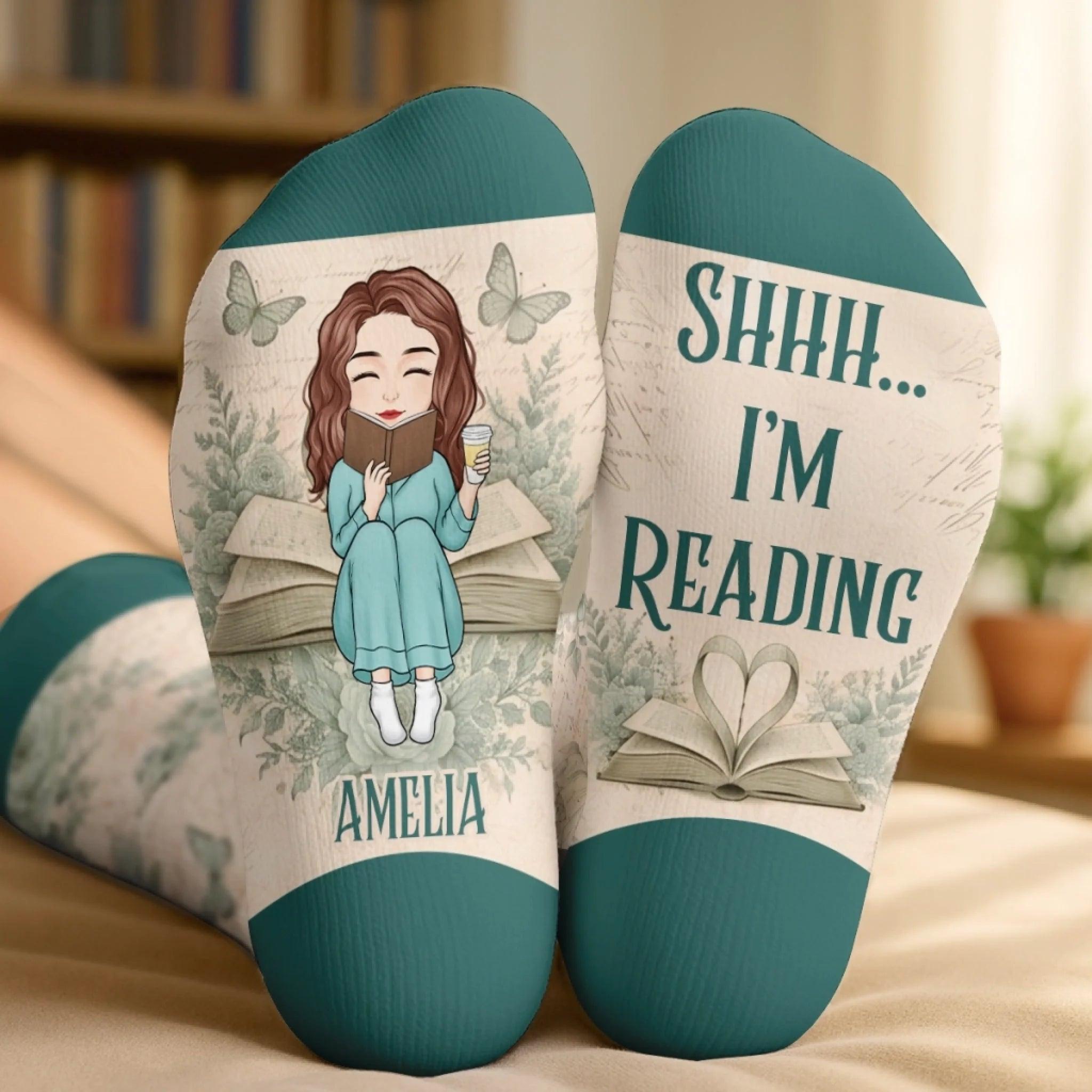 Custom Shh I'm Reading Crew Socks - Personalized Bookish Gifts For Book Lovers, Bookworms, Readers - Curated By Words - MySpotifyGlassUK