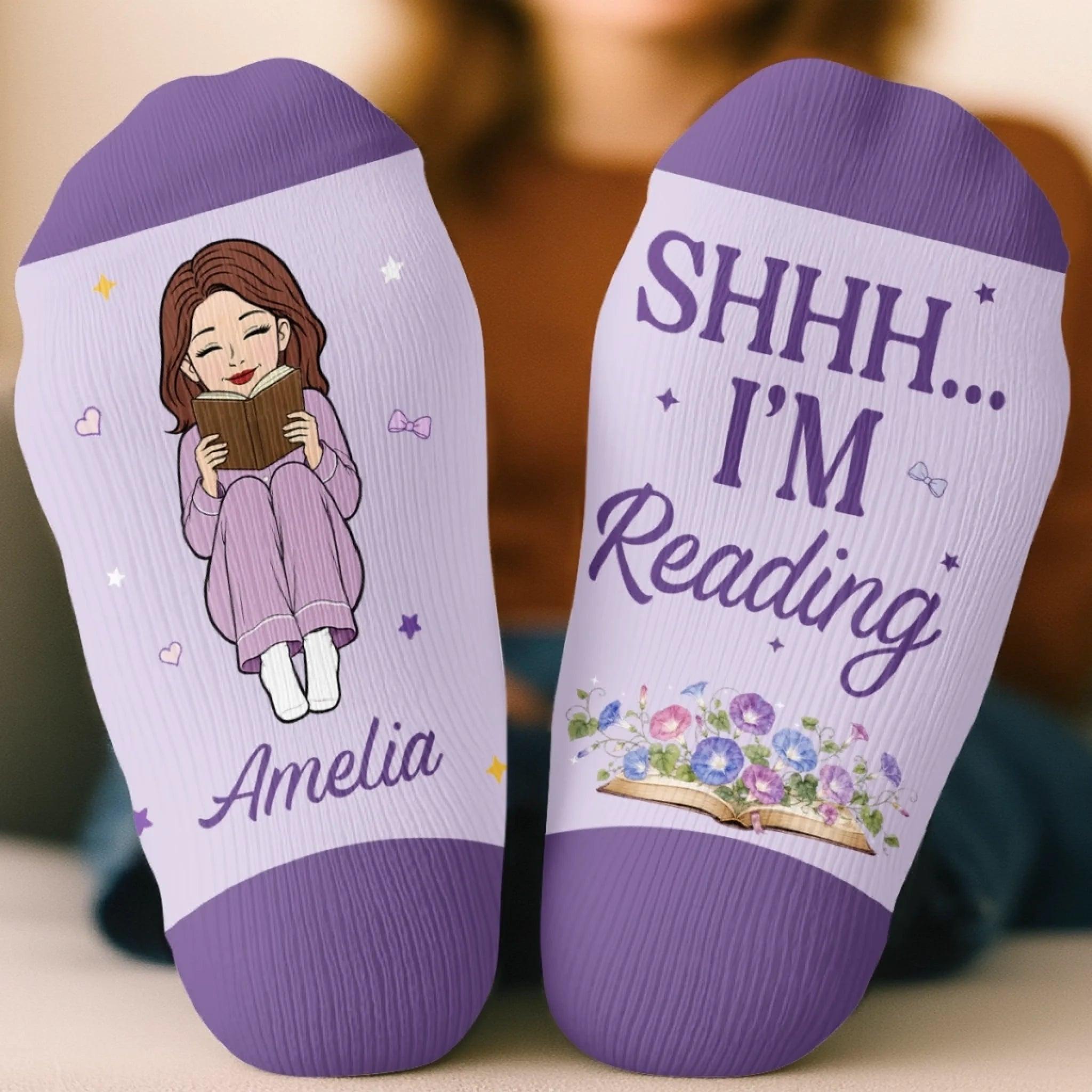 Custom Shh I'm Reading Crew Socks - Personalized Bookish Gifts For Book Lovers, Bookworms, Readers - Easily Distracted By Books - MySpotifyGlassUK