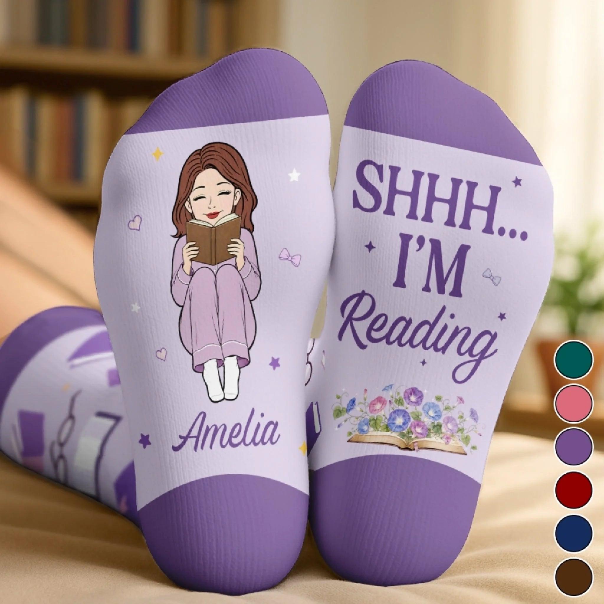 Custom Shh I'm Reading Crew Socks - Personalized Bookish Gifts For Book Lovers, Bookworms, Readers - Easily Distracted By Books - MySpotifyGlassUK