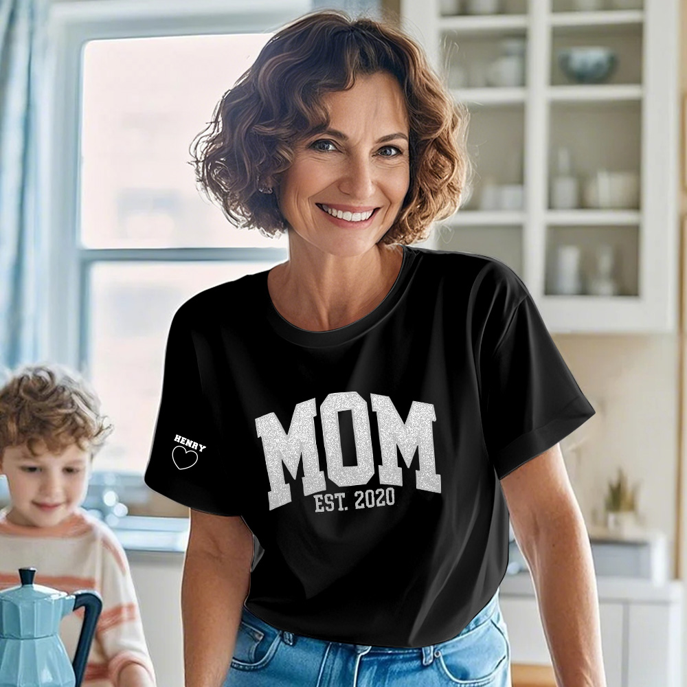 Custom Embroidered Glitter Vinyl MAMA T-shirt Gift For Mom & Grandma